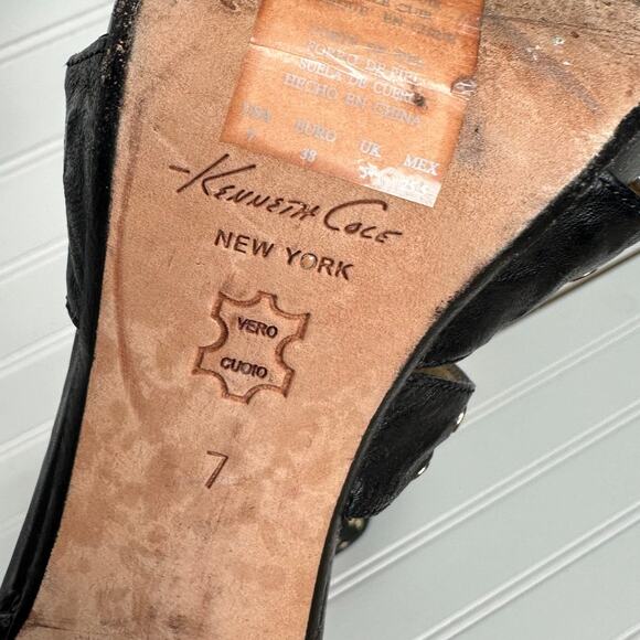 Kenneth Cole NY genuine leather black strappy heels studs buckle gold‎ - Picture 6 of 10